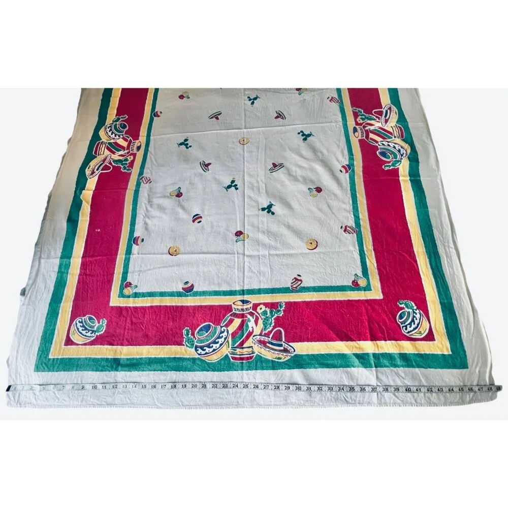 Southwestern Tablecloth 63” x 49” VTG With Red Green Yellow & Blue Stripes - Picture 14 of 16